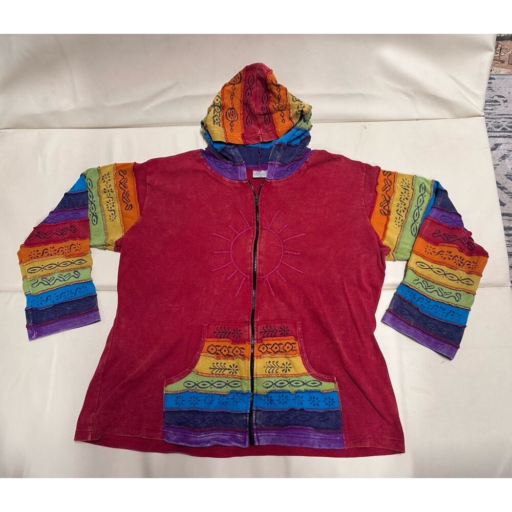 Greater Good Network Women’s XXL Hoodie Rainbow Patchwork Hippie Zipper BOHO
